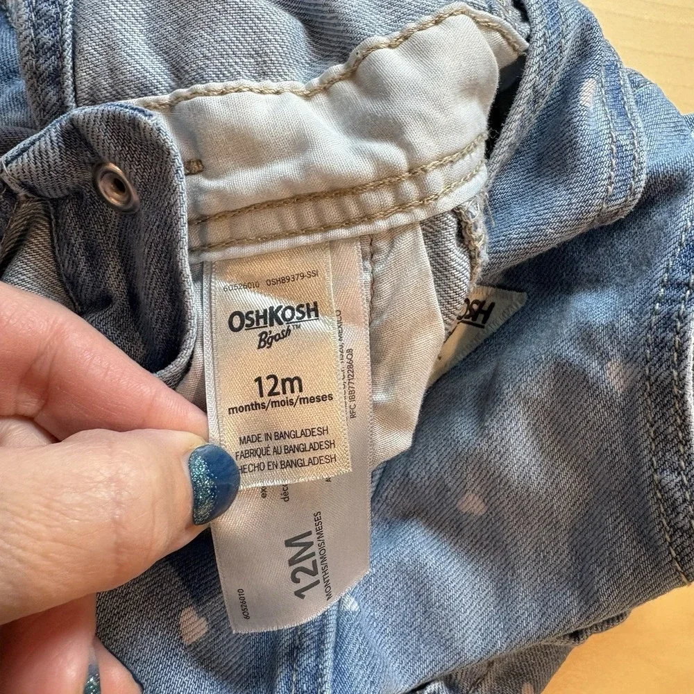 OshKosh B'gosh Baby Girl 12M Blue Denim Overalls Heart Print 100% Cotton
